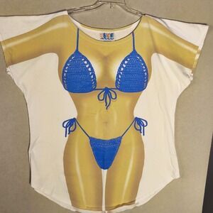 Vintage 90s Fun2Wear Beach Cover Up Shirt White LA Imprints Blue Bikini